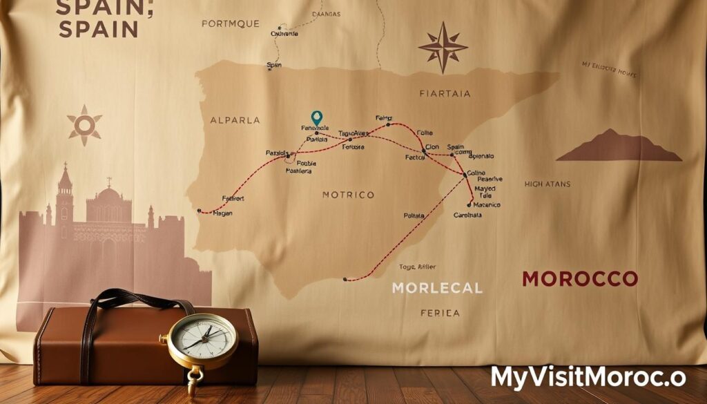 A detailed map of Spain, Portugal, and Morocco with a focused view on the essential travel logistics. The map is displayed on a large canvas with a muted color palette, creating a sense of adventure and exploration. In the foreground, a compass, a suitcase, and a passport are prominently featured, symbolizing the essential travel items needed for this multi-country journey. The middle ground showcases the routes and transportation options, including trains, buses, and ferries, connecting the three countries. In the background, silhouettes of iconic landmarks such as the Alhambra, the Tagus River, and the High Atlas Mountains provide context and a sense of scale. The overall atmosphere conveys a mood of anticipation and preparedness for the upcoming trip. The MyVisitMorocco logo is strategically placed in the bottom right corner. A detailed map of Spain, Portugal, and Morocco with a focused view on the essential travel logistics. The map is displayed on a large canvas with a muted color palette, creating a sense of adventure and exploration. In the foreground, a compass, a suitcase, and a passport are prominently featured, symbolizing the essential travel items needed for this multi-country journey. The middle ground showcases the routes and transportation options, including trains, buses, and ferries, connecting the three countries. In the background, silhouettes of iconic landmarks such as the Alhambra, the Tagus River, and the High Atlas Mountains provide context and a sense of scale. The overall atmosphere conveys a mood of anticipation and preparedness for the upcoming trip. The MyVisitMorocco logo is strategically placed in the bottom right corner.