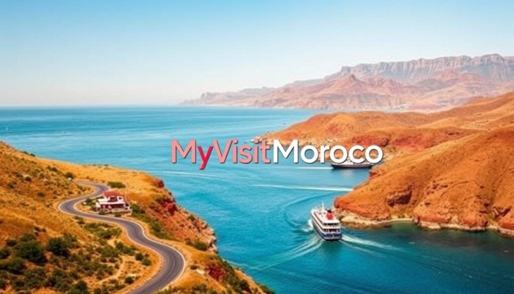 A detailed map of a Spain to Morocco travel itinerary, showcased against a backdrop of sun-drenched Mediterranean landscapes. In the foreground, a winding road snakes through rolling hills, passing by charming Spanish villages and the iconic Strait of Gibraltar. In the middle ground, a ferry boat navigates the azure waters, carrying travelers between the two countries. In the distance, the rugged, ochre-hued peaks of the Atlas Mountains rise majestically, hinting at the allure of Morocco. The scene is bathed in warm, golden light, conveying a sense of adventure and cultural exploration. The MyVisitMorocco logo is prominently displayed, inviting viewers to discover the wonders of this captivating journey.