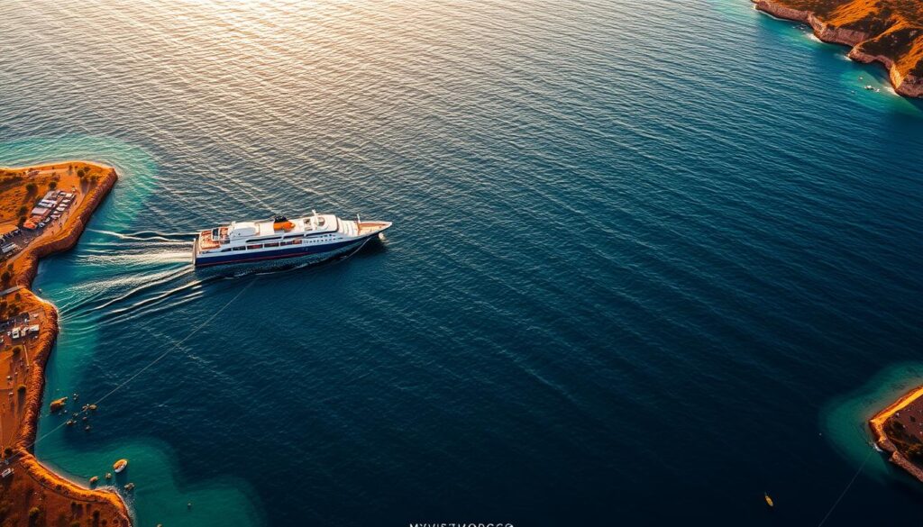 A detailed map of ferry routes connecting the Spanish coast to the shores of Morocco, showcased against a backdrop of the Strait of Gibraltar. The ferries are depicted with precise detail, their sleek silhouettes cutting through the gently rippling waters. The coastlines of both countries are rendered with vibrant colors and textures, inviting the viewer to imagine the diverse landscapes on either side. The image is bathed in warm, golden light, creating a sense of adventure and exploration. In the lower corner, the MyVisitMorocco logo discreetly enhances the travel-focused nature of the scene.