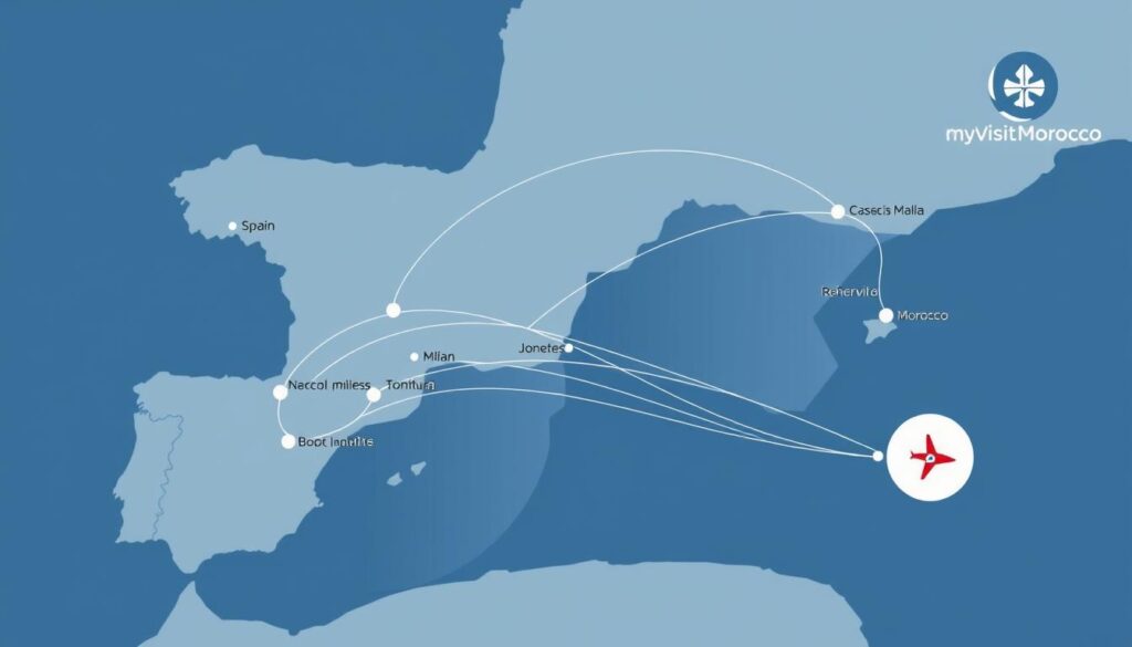 A detailed map of flight routes connecting major cities in Spain to destinations across Morocco, rendered in a clean, minimalist style. The routes are depicted as stylized curved lines tracing the paths between airports, with city names and geometric symbols representing the departure and arrival points. The background features a subdued color palette of blues and grays, evoking the atmosphere of air travel. A subtle MyVisitMorocco logo adds a branded touch to the image. The overall composition is balanced and visually striking, effectively illustrating the connectivity between the Iberian peninsula and North Africa. A detailed map of flight routes connecting major cities in Spain to destinations across Morocco, rendered in a clean, minimalist style. The routes are depicted as stylized curved lines tracing the paths between airports, with city names and geometric symbols representing the departure and arrival points. The background features a subdued color palette of blues and grays, evoking the atmosphere of air travel. A subtle MyVisitMorocco logo adds a branded touch to the image. The overall composition is balanced and visually striking, effectively illustrating the connectivity between the Iberian peninsula and North Africa.