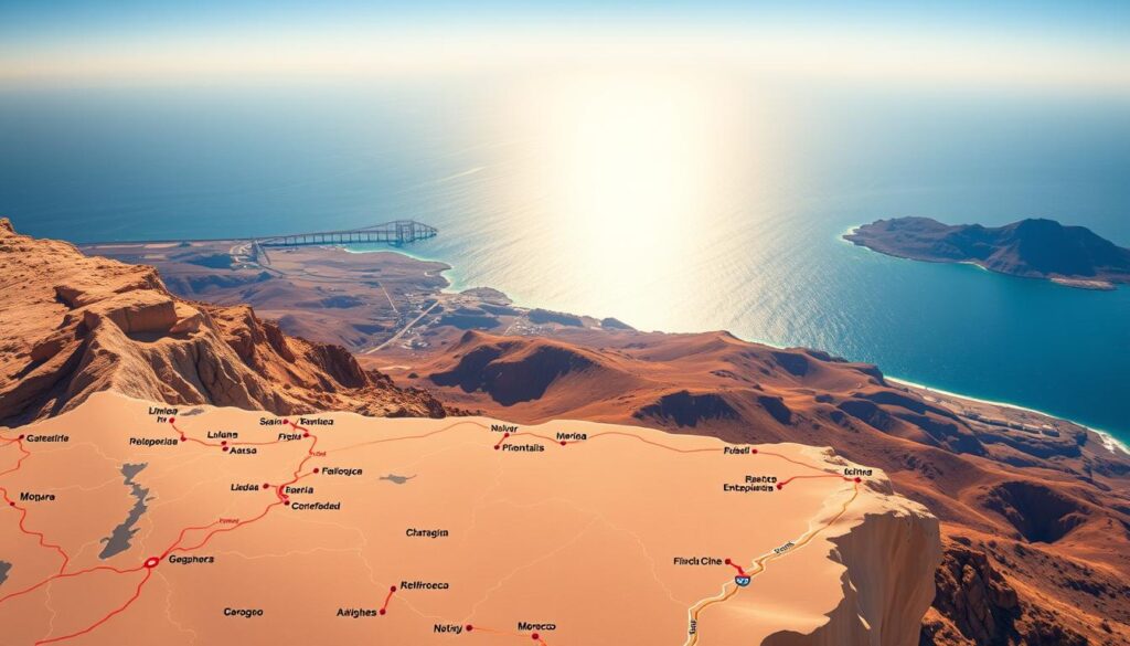 A detailed map of major travel routes connecting Spain and Morocco, showcased against a breathtaking backdrop of the Strait of Gibraltar. The foreground features clearly marked highways, railways, and ferry routes, with icons denoting key cities and ports. The middle ground depicts the rugged, sun-drenched landscapes of the Iberian Peninsula and the Rif Mountains, while the distant background is dominated by the shimmering azure of the Mediterranean Sea. The overall scene conveys a sense of adventure and exploration, inviting the viewer to plan their own cross-continental journey. Captured with a wide-angle lens and warm, golden lighting to evoke the spirit of travel. Branding: "MyVisitMorocco".