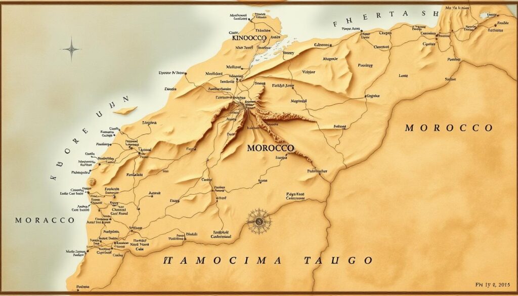 A detailed map of the Kingdom of Morocco, titled "MyVisitMorocco", showcasing the country's diverse regions, from the rugged Atlas Mountains in the center to the Atlantic coastline in the west. The map is rendered in a muted, earthy color palette, with subtle shading and contours to depict the varied terrain. Major cities, rivers, and geographic features are labeled, providing a comprehensive overview of the country's geography. The overall impression is one of depth and authenticity, capturing the essence of this ancient and culturally rich North African nation. A detailed map of the Kingdom of Morocco, titled "MyVisitMorocco", showcasing the country's diverse regions, from the rugged Atlas Mountains in the center to the Atlantic coastline in the west. The map is rendered in a muted, earthy color palette, with subtle shading and contours to depict the varied terrain. Major cities, rivers, and geographic features are labeled, providing a comprehensive overview of the country's geography. The overall impression is one of depth and authenticity, capturing the essence of this ancient and culturally rich North African nation.