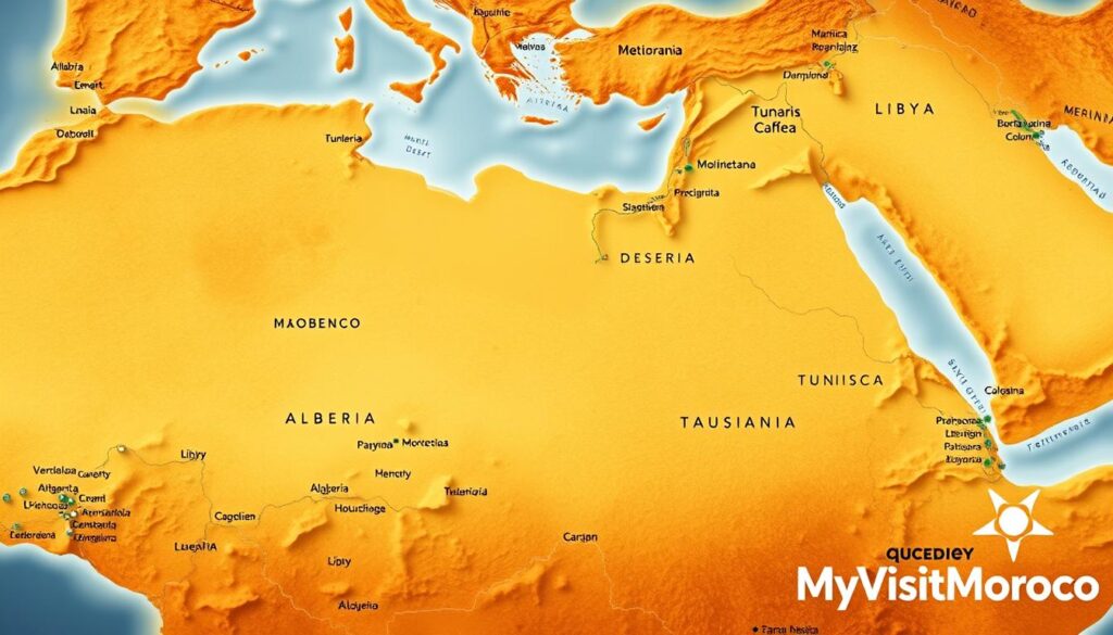 A detailed map of the Maghreb region, showcasing the diverse countries and landscapes that make up this vibrant North African area. The image should have a warm, earthy color palette, capturing the essence of the region. Depict the Maghreb nations, including Morocco, Algeria, Tunisia, Libya, and Mauritania, with their distinct geographic features, such as the Atlas Mountains, the Sahara Desert, and the Mediterranean coastline. Render the map with a clean, minimalist style, allowing the viewer to easily navigate and understand the region's boundaries and key landmarks. In the bottom right corner, include the MyVisitMorocco logo, subtly integrating the brand identity into the scene. A detailed map of the Maghreb region, showcasing the diverse countries and landscapes that make up this vibrant North African area. The image should have a warm, earthy color palette, capturing the essence of the region. Depict the Maghreb nations, including Morocco, Algeria, Tunisia, Libya, and Mauritania, with their distinct geographic features, such as the Atlas Mountains, the Sahara Desert, and the Mediterranean coastline. Render the map with a clean, minimalist style, allowing the viewer to easily navigate and understand the region's boundaries and key landmarks. In the bottom right corner, include the MyVisitMorocco logo, subtly integrating the brand identity into the scene.