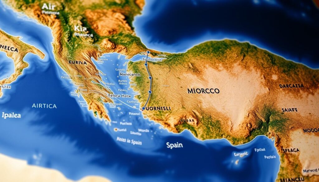 A detailed map of the Morocco to Spain route, showcasing the geographic distance between the two countries. The map should feature a clear, high-resolution satellite imagery of the Iberian Peninsula and North Africa, with the coastlines and major cities prominently displayed. The route should be highlighted with a distinct line or path, indicating the various travel options, such as by air and sea. The map should have a clean, minimalist design with subtle MyVisitMorocco branding, conveying a sense of scale and perspective. The lighting should be natural and the lens should capture a wide, panoramic view to emphasize the expansive geography. The overall mood should be informative and visually striking, complementing the article's focus on the distance between Morocco and Spain. A detailed map of the Morocco to Spain route, showcasing the geographic distance between the two countries. The map should feature a clear, high-resolution satellite imagery of the Iberian Peninsula and North Africa, with the coastlines and major cities prominently displayed. The route should be highlighted with a distinct line or path, indicating the various travel options, such as by air and sea. The map should have a clean, minimalist design with subtle MyVisitMorocco branding, conveying a sense of scale and perspective. The lighting should be natural and the lens should capture a wide, panoramic view to emphasize the expansive geography. The overall mood should be informative and visually striking, complementing the article's focus on the distance between Morocco and Spain.