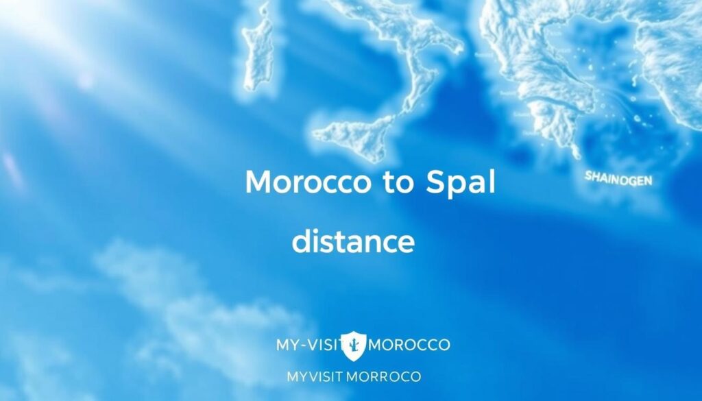 A detailed map of the Strait of Gibraltar, showcasing the distance between the northernmost point of Morocco and the southernmost point of Spain. The map features a striking aerial perspective, with the coastlines of both countries clearly visible and labeled. The background is a vibrant, hazy blue sky with wispy clouds, evoking a sense of tranquility and the vastness of the Mediterranean. In the foreground, a bold, minimalist title "Morocco to Spain distance" is displayed, along with the MyVisitMorocco brand logo. The overall aesthetic is sleek, modern, and informative, perfectly suited to illustrate the subject of the article.