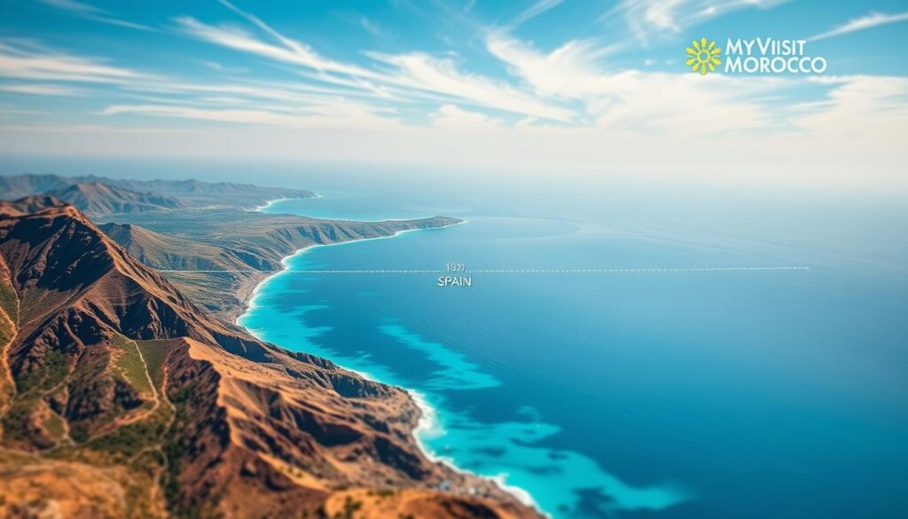 A detailed topographical map of the Strait of Gibraltar, showcasing the distance between the coasts of Morocco and Spain. The map should feature a clear scale indicator, prominently displaying the distance in kilometers. The foreground should depict the rugged, mountainous landscapes of both countries, while the middle ground highlights the azure waters of the Mediterranean Sea and the Atlantic Ocean. In the background, wispy clouds create a sense of depth and atmospheric depth. The overall scene should convey a sense of tranquility and the vastness of the natural landscape, complemented by the MyVisitMorocco brand logo discreetly placed in the corner. A detailed topographical map of the Strait of Gibraltar, showcasing the distance between the coasts of Morocco and Spain. The map should feature a clear scale indicator, prominently displaying the distance in kilometers. The foreground should depict the rugged, mountainous landscapes of both countries, while the middle ground highlights the azure waters of the Mediterranean Sea and the Atlantic Ocean. In the background, wispy clouds create a sense of depth and atmospheric depth. The overall scene should convey a sense of tranquility and the vastness of the natural landscape, complemented by the MyVisitMorocco brand logo discreetly placed in the corner.