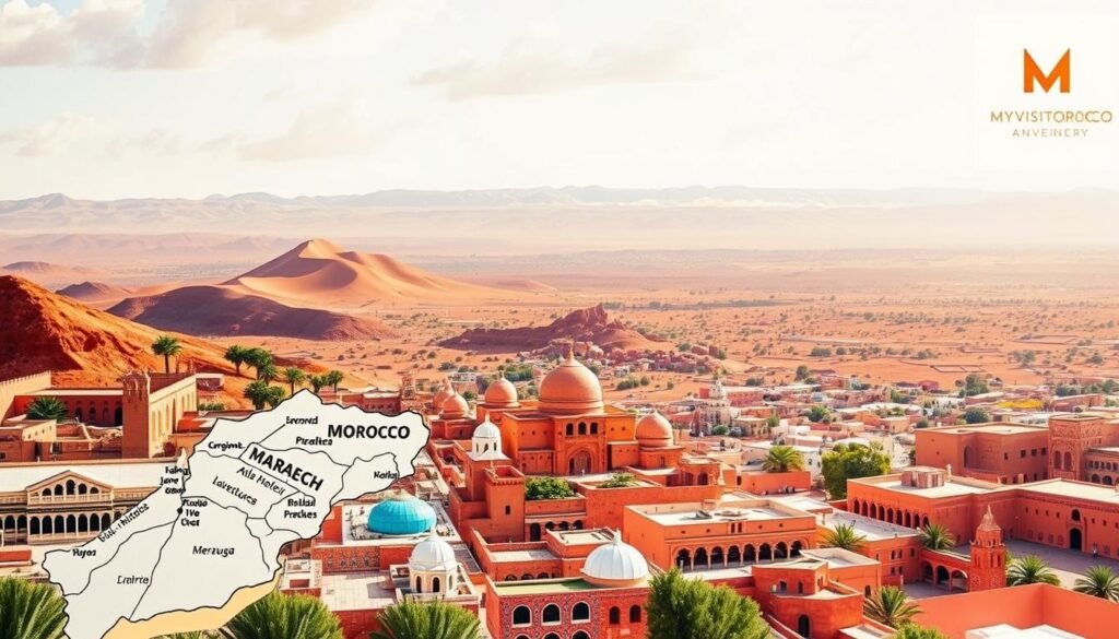 A detailed travel itinerary for a classic Morocco adventure, captured in a vibrant landscape painting. In the foreground, a hand-drawn map of Morocco's iconic destinations - Marrakech's bustling Jemaa el-Fnaa square, the Saharan dunes of Merzouga, and the snow-capped Atlas Mountains. Mid-frame, a collage of cultural details: colorful Berber textiles, intricate tile mosaics, and traditional lanterns. In the background, a panoramic vista of the country's diverse regions, bathed in warm, golden light. The MyVisitMorocco logo subtly adorns the corner, complementing the overall artistic aesthetic. A detailed travel itinerary for a classic Morocco adventure, captured in a vibrant landscape painting. In the foreground, a hand-drawn map of Morocco's iconic destinations - Marrakech's bustling Jemaa el-Fnaa square, the Saharan dunes of Merzouga, and the snow-capped Atlas Mountains. Mid-frame, a collage of cultural details: colorful Berber textiles, intricate tile mosaics, and traditional lanterns. In the background, a panoramic vista of the country's diverse regions, bathed in warm, golden light. The MyVisitMorocco logo subtly adorns the corner, complementing the overall artistic aesthetic.