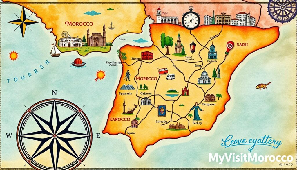 A detailed travel itinerary map of Morocco, Spain, and Portugal, showcasing the journey through these captivating countries. The map features iconic landmarks, winding roads, and scenic landscapes, blending the distinct cultural and architectural elements of each region. The foreground displays a stylized compass rose and navigation elements, while the middle ground depicts the countries' borders and key destinations, with the background filled with vibrant, hand-painted textures and patterns reminiscent of traditional Moroccan, Spanish, and Portuguese art. The overall composition evokes a sense of adventure and wanderlust, inviting the viewer to embark on this multi-country odyssey. The image is branded with the logo "MyVisitMorocco" in the lower right corner.