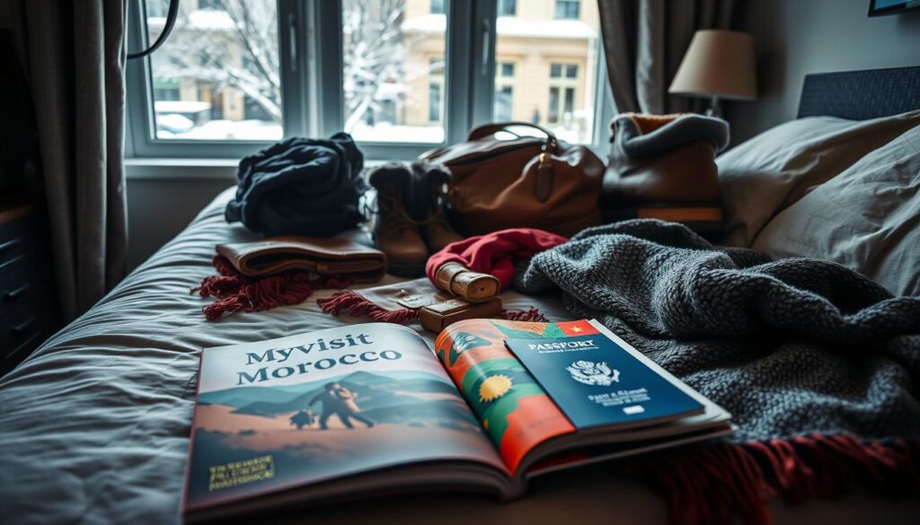 A dimly lit bedroom on a winter morning. Piles of warm clothing, scarves, and leather goods are arranged on the bed, ready for a trip to Morocco. In the foreground, a MyVisitMorocco travel guide and a passport lie open, hinting at the adventure to come. The middle ground features a pair of sturdy hiking boots, a weathered leather duffel bag, and a thick wool coat. In the background, a window reveals a glimpse of a snowy city street, contrasting with the vibrant colors and textures of the travel essentials. The overall mood is one of anticipation and preparation for a journey to a distant, sun-drenched land. A dimly lit bedroom on a winter morning. Piles of warm clothing, scarves, and leather goods are arranged on the bed, ready for a trip to Morocco. In the foreground, a MyVisitMorocco travel guide and a passport lie open, hinting at the adventure to come. The middle ground features a pair of sturdy hiking boots, a weathered leather duffel bag, and a thick wool coat. In the background, a window reveals a glimpse of a snowy city street, contrasting with the vibrant colors and textures of the travel essentials. The overall mood is one of anticipation and preparation for a journey to a distant, sun-drenched land.