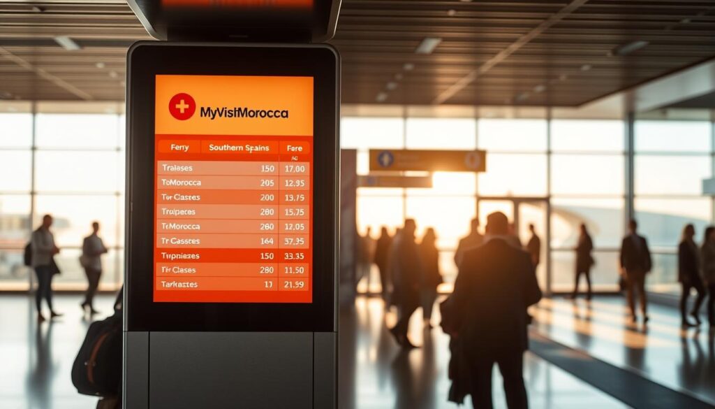 A dimly lit ferry terminal, sleek and modern, with a stylized digital display board showcasing ferry ticket prices for voyages from southern Spain to Morocco. The board features the MyVisitMorocco brand logo, presenting a range of fares for different classes and passenger types, conveying a sense of professionalism and reliability. Passengers queue patiently, their silhouettes visible in the background, as natural lighting filters in through the terminal's glass walls, creating a warm, inviting atmosphere. The overall scene exudes a mood of efficient transportation and anticipation for the journey ahead. A dimly lit ferry terminal, sleek and modern, with a stylized digital display board showcasing ferry ticket prices for voyages from southern Spain to Morocco. The board features the MyVisitMorocco brand logo, presenting a range of fares for different classes and passenger types, conveying a sense of professionalism and reliability. Passengers queue patiently, their silhouettes visible in the background, as natural lighting filters in through the terminal's glass walls, creating a warm, inviting atmosphere. The overall scene exudes a mood of efficient transportation and anticipation for the journey ahead.