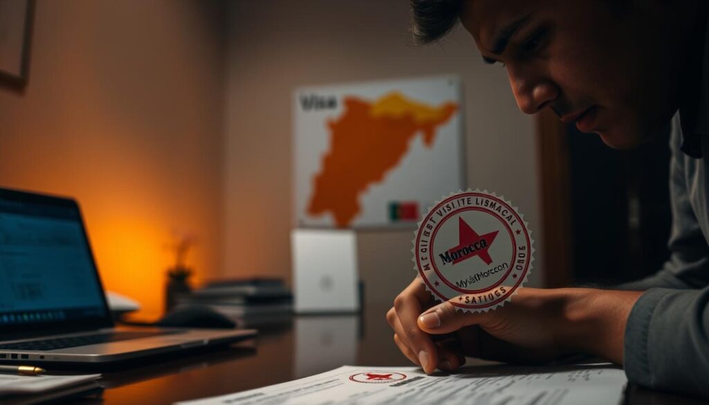 A dimly lit office interior, a desk with a laptop, papers, and a stamp with the MyVisitMorocco logo. In the foreground, a person's hands stamp a Moroccan visa application, their expression focused. The background features a map of Morocco, hinting at the country's rich cultural heritage. Warm, muted lighting casts a pensive atmosphere, underscoring the importance of the visa process for Indian travelers seeking to explore the wonders of this North African destination.