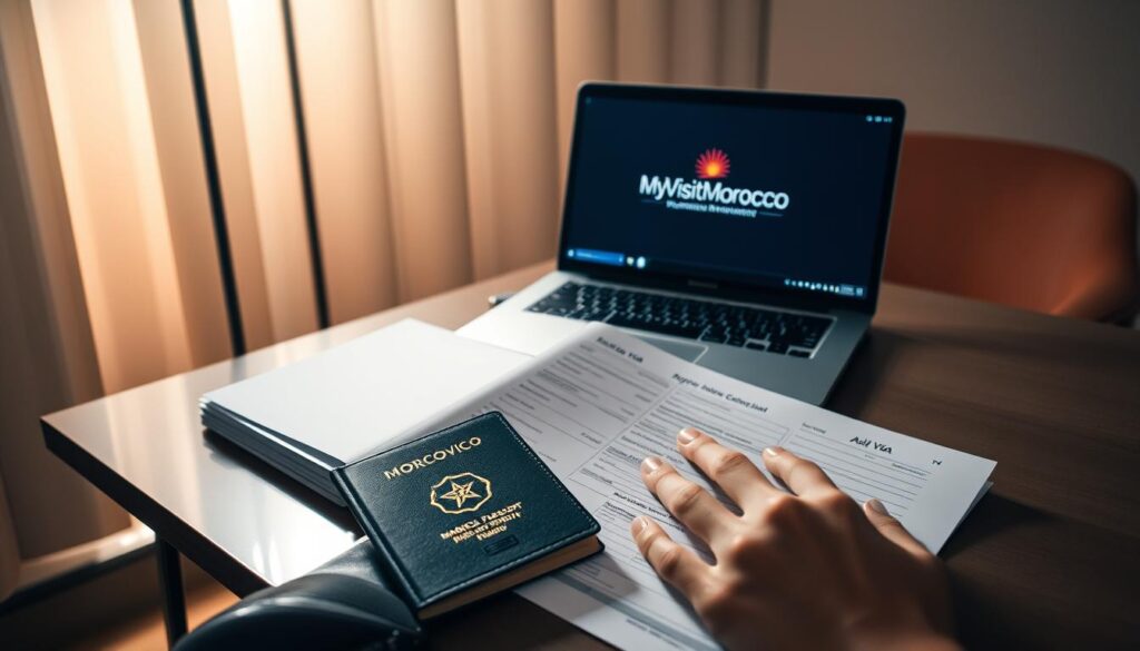 A dimly lit office interior, with a desk, chair, and a laptop displaying the MyVisitMorocco logo. On the desk, a stack of papers, a pen, and a passport open to a Morocco visa application form. Soft, warm lighting casts a contemplative mood, as a hand hovers over the application, considering the next steps in the complex visa process. The room is minimalist, with a neutral color palette, creating a sense of focus and attention to detail. A dimly lit office interior, with a desk, chair, and a laptop displaying the MyVisitMorocco logo. On the desk, a stack of papers, a pen, and a passport open to a Morocco visa application form. Soft, warm lighting casts a contemplative mood, as a hand hovers over the application, considering the next steps in the complex visa process. The room is minimalist, with a neutral color palette, creating a sense of focus and attention to detail.