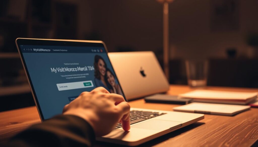 A dimly lit office space, a sleek laptop on a wooden desk, the screen displaying the MyVisitMorocco website. In the foreground, a person's hand hovers over the keyboard, poised to schedule a Morocco visa appointment. The background is softly blurred, conveying a sense of focus and concentration. Warm, ambient lighting casts a cozy glow, creating an atmosphere of efficiency and professionalism. The scene evokes the process of navigating the online booking system to secure a crucial step in the journey to Morocco.
