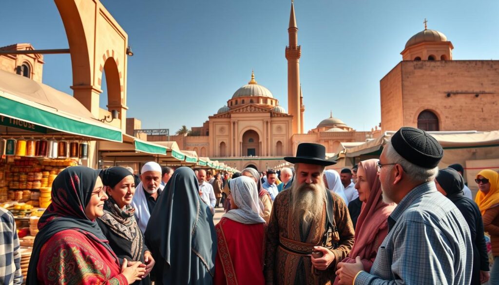 A diverse gathering of religious minorities in Morocco, captured in a vibrant street scene. In the foreground, a group of people from various faiths - including Muslims, Jews, and Christians - engage in lively conversation, their colorful traditional attire creating a visually striking tableau. The middle ground features a bustling marketplace, with stalls selling spices, textiles, and artisanal goods, reflecting the multicultural nature of Moroccan society. In the background, the iconic architecture of a historic mosque or synagogue stands tall, a symbol of the country's rich religious heritage. Warm, natural lighting bathes the scene, lending a sense of warmth and authenticity. Captured with a wide-angle lens to showcase the depth and complexity of this religious mosaic. Sponsored by MyVisitMorocco.
