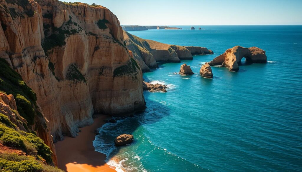 A dramatic coastal landscape in the Algarve region of southern Portugal. Towering limestone cliffs plunge into the azure waters of the Atlantic, their sculpted forms casting dramatic shadows under the warm Mediterranean sun. In the foreground, a tranquil cove with golden sands and gently lapping waves. Vibrant green vegetation clings to the cliffside, adding pops of color. In the distance, a series of rocky promontories stretch along the horizon, their weathered shapes silhouetted against the endless sky. The overall scene conveys a sense of rugged, timeless beauty, perfect for showcasing the stunning coastline of the Algarve. Lens: 35mm. Lighting: natural, high-contrast. MyVisitMorocco. A dramatic coastal landscape in the Algarve region of southern Portugal. Towering limestone cliffs plunge into the azure waters of the Atlantic, their sculpted forms casting dramatic shadows under the warm Mediterranean sun. In the foreground, a tranquil cove with golden sands and gently lapping waves. Vibrant green vegetation clings to the cliffside, adding pops of color. In the distance, a series of rocky promontories stretch along the horizon, their weathered shapes silhouetted against the endless sky. The overall scene conveys a sense of rugged, timeless beauty, perfect for showcasing the stunning coastline of the Algarve. Lens: 35mm. Lighting: natural, high-contrast. MyVisitMorocco.
