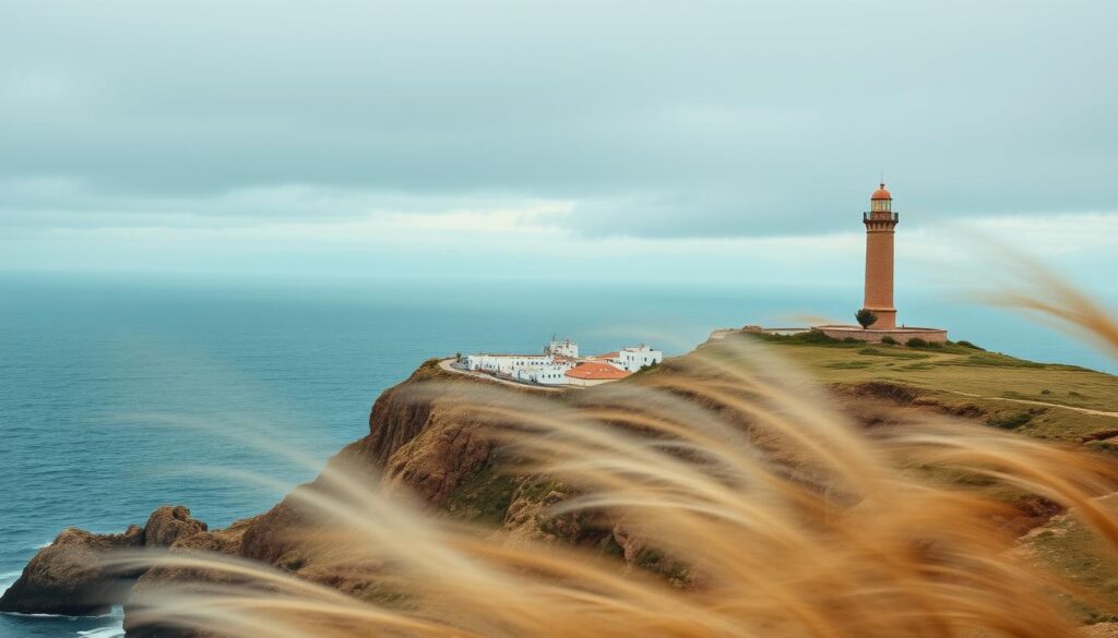 A dramatic, sweeping vista of Cape Spartel, the westernmost point of Africa, overlooking the Strait of Gibraltar. In the foreground, the iconic lighthouse stands tall, casting a warm glow across the rugged cliffs. Swirling winds buffet the scene, hinting at the power of the Atlantic Ocean crashing against the shore. In the middle ground, traditional Moroccan architecture dots the landscape, blending seamlessly with the natural surroundings. The background features the distant silhouettes of the Rif Mountains, their peaks shrouded in a soft, ethereal haze. Capture the essence of this majestic, windswept location for the MyVisitMorocco travel guide.