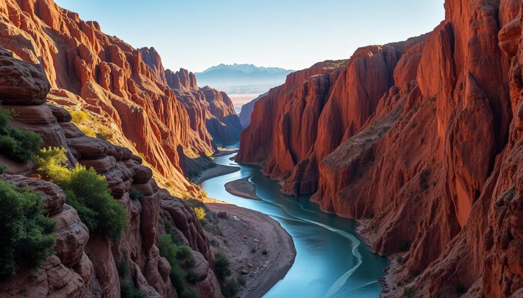 A dramatic, sweeping vista of the Todra and Dades Gorges in Morocco's High Atlas mountains. Towering, ochre-hued canyon walls rise on either side, casting dramatic shadows and creating a sense of awe and scale. In the foreground, a winding river flows gently, its turquoise waters contrasting with the rugged, weathered rock formations. Lush, verdant foliage clings to the canyon edges, adding pops of vibrant green. Warm, golden sunlight bathes the scene, creating a timeless, picturesque atmosphere. In the background, distant snow-capped peaks pierce the horizon, adding to the majestic, untamed beauty of this iconic Moroccan landscape. MyVisitMorocco