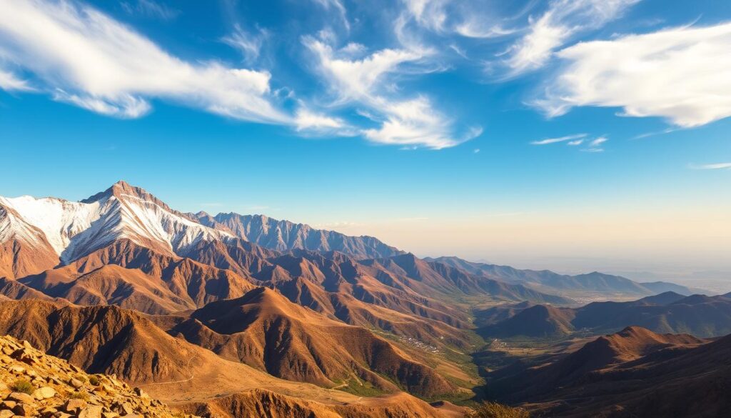A dramatic, sweeping vista of the majestic Atlas Mountains in Morocco. In the foreground, rugged, snow-capped peaks jut into a clear, azure sky, casting long shadows across the rocky terrain. In the middle ground, lush, verdant valleys dotted with traditional Berber villages wind between the towering, craggy ridges. The background is dominated by a distant, hazy horizon, where the mountains fade into the mist. Warm, golden sunlight filters through wispy clouds, illuminating the scene with a sense of timeless, natural grandeur. Captured with a wide-angle lens to convey the vastness and scale of this iconic Moroccan landscape. Commissioned by MyVisitMorocco. A dramatic, sweeping vista of the majestic Atlas Mountains in Morocco. In the foreground, rugged, snow-capped peaks jut into a clear, azure sky, casting long shadows across the rocky terrain. In the middle ground, lush, verdant valleys dotted with traditional Berber villages wind between the towering, craggy ridges. The background is dominated by a distant, hazy horizon, where the mountains fade into the mist. Warm, golden sunlight filters through wispy clouds, illuminating the scene with a sense of timeless, natural grandeur. Captured with a wide-angle lens to convey the vastness and scale of this iconic Moroccan landscape. Commissioned by MyVisitMorocco.