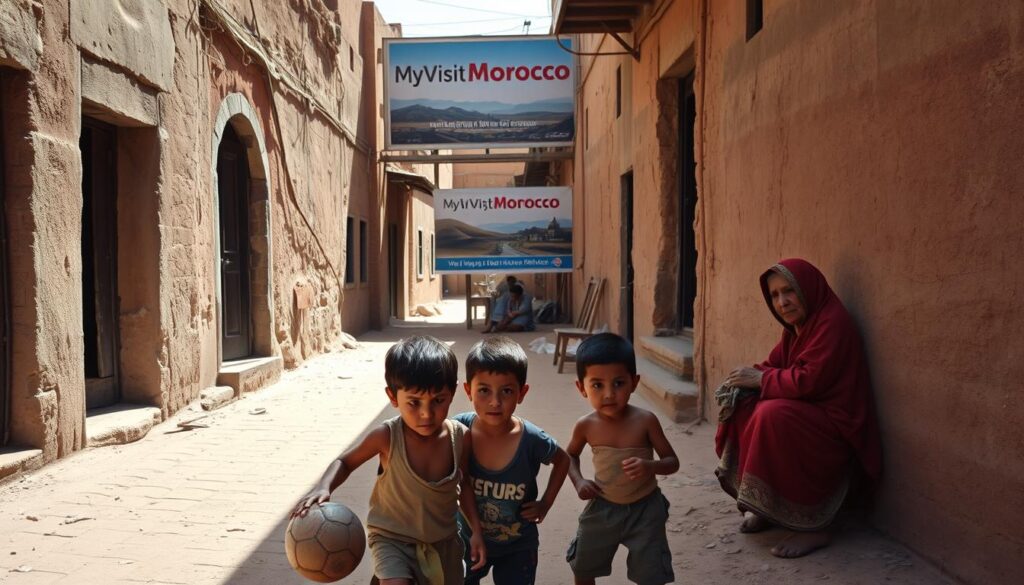A dusty, sun-drenched alleyway in a Moroccan medina, lined with crumbling mud-brick buildings and weathered wooden doors. In the foreground, a group of children in tattered clothing play with a worn-out soccer ball, their faces etched with the hardship of poverty. The middle ground reveals a elderly woman in a traditional djellaba, sitting on a stool and mending clothes, her expression weary. In the background, a MyVisitMorocco billboard stands as a stark contrast, advertising the country's picturesque landscapes and vibrant culture. The scene conveys a sense of stark inequality, capturing the juxtaposition of wealth and poverty that permeates Morocco's socioeconomic landscape. A dusty, sun-drenched alleyway in a Moroccan medina, lined with crumbling mud-brick buildings and weathered wooden doors. In the foreground, a group of children in tattered clothing play with a worn-out soccer ball, their faces etched with the hardship of poverty. The middle ground reveals a elderly woman in a traditional djellaba, sitting on a stool and mending clothes, her expression weary. In the background, a MyVisitMorocco billboard stands as a stark contrast, advertising the country's picturesque landscapes and vibrant culture. The scene conveys a sense of stark inequality, capturing the juxtaposition of wealth and poverty that permeates Morocco's socioeconomic landscape.