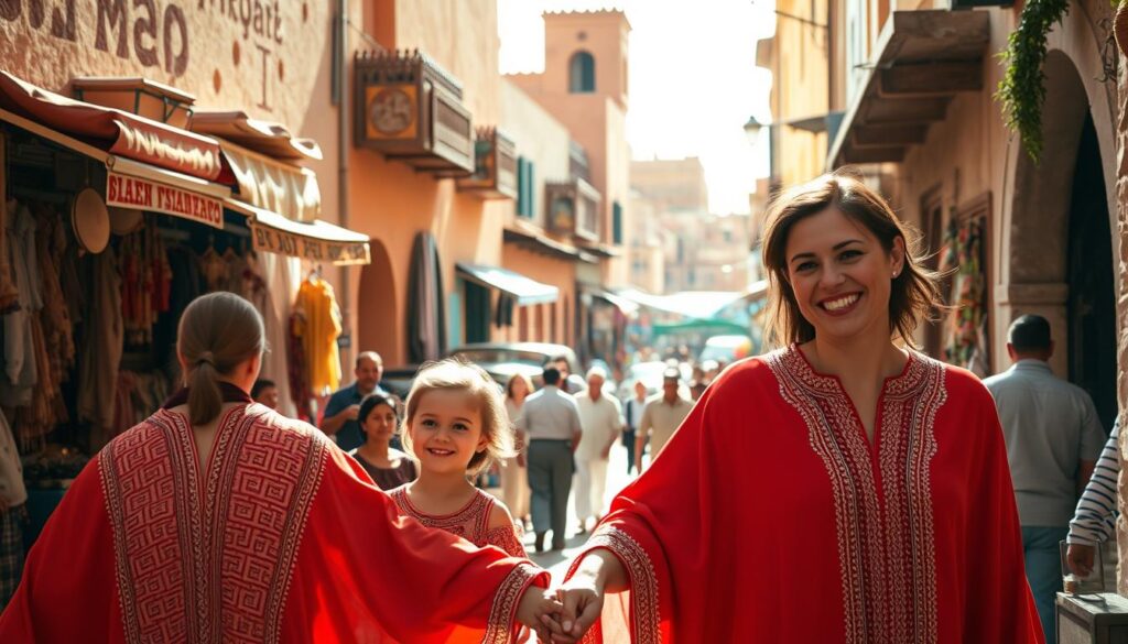 A family exploring the vibrant, sun-drenched streets of a Moroccan medina, their faces alight with curiosity and wonder. In the foreground, a young child holds the hand of a parent, their traditional djellaba robes swaying gently. In the middle ground, a bustling marketplace comes to life, with vendors hawking their wares and locals going about their daily routines. In the background, the iconic architecture of Moroccan houses and mosques, painted in warm ochre and terracotta tones, create a picturesque backdrop. Soft, diffused lighting filters through the narrow alleyways, casting a golden glow over the scene. MyVisitMorocco A family exploring the vibrant, sun-drenched streets of a Moroccan medina, their faces alight with curiosity and wonder. In the foreground, a young child holds the hand of a parent, their traditional djellaba robes swaying gently. In the middle ground, a bustling marketplace comes to life, with vendors hawking their wares and locals going about their daily routines. In the background, the iconic architecture of Moroccan houses and mosques, painted in warm ochre and terracotta tones, create a picturesque backdrop. Soft, diffused lighting filters through the narrow alleyways, casting a golden glow over the scene. MyVisitMorocco