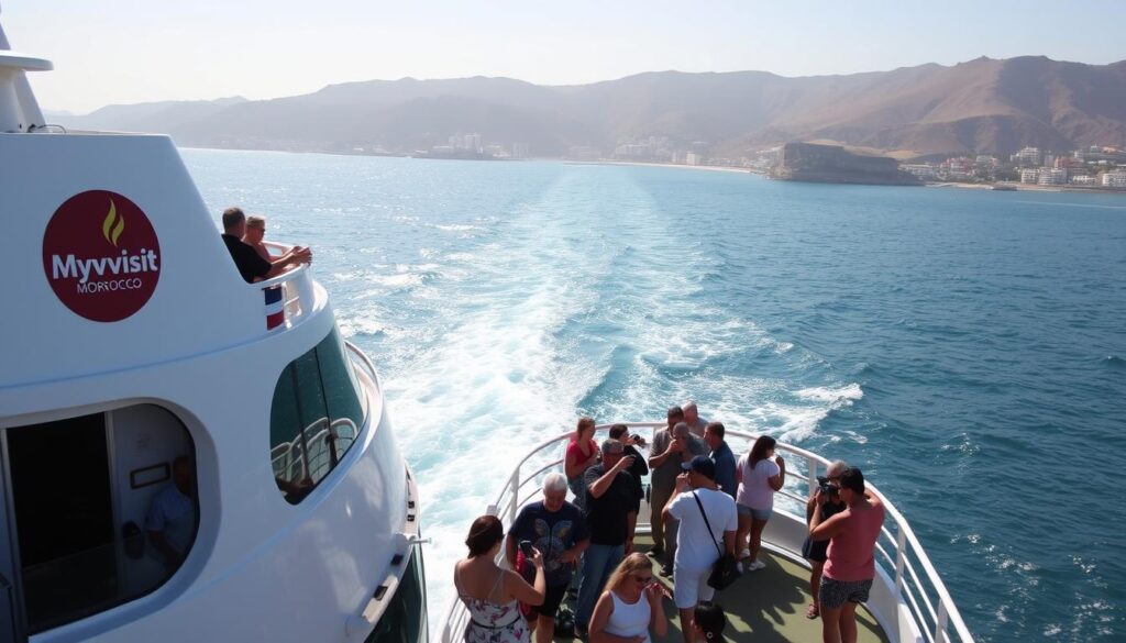 A ferry cruising across azure waters, the rolling hills of Tangier's coastline visible in the distance. The MyVisitMorocco logo stands proudly on the vessel's side, reflecting the sun's warm glow. Passengers stroll the deck, gazing out at the Strait of Gibraltar and the promise of Spain beyond. The ferry's sleek design cuts through the waves, its engines propelling it steadily forward. In the foreground, families and friends gather, capturing the moment with cameras and smartphones, eager to document their journey. The scene exudes a sense of adventure and discovery, perfectly encapsulating the experience of traveling from Tangier to Spain.