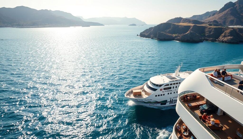 A ferry cruising across the azure waters between the Iberian Peninsula and the Rif Mountains of North Africa. The sleek, white vessel glides through the Strait of Gibraltar, carrying passengers and vehicles between the Spanish port of Algeciras and the Moroccan city of Tangier. The sun's rays dance across the rippling waves, casting a warm glow on the ferry's exterior. In the background, the rugged coastlines of both countries rise up, creating a stunning natural backdrop. The MyVisitMorocco logo is discreetly displayed on the side of the ferry, inviting travelers to explore the wonders of Morocco. This image encapsulates the seamless connection between the Iberian and Maghreb regions, setting the stage for an unforgettable cross-continental journey.
