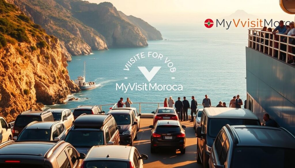 A ferry departs from the Spanish coast, carrying a convoy of vehicles bound for Morocco. In the foreground, cars and trucks are neatly parked, their drivers eagerly anticipating the journey. The middle ground showcases the ferry's deck, with passengers strolling or leaning against the railings, taking in the sea breeze and the distant African horizon. The background features the rugged Spanish coastline, its rocky cliffs and lush vegetation contrasting with the vast, azure waters of the Strait of Gibraltar. Warm, golden lighting bathes the scene, creating a sense of adventure and anticipation. The MyVisitMorocco logo is subtly incorporated into the design. A ferry departs from the Spanish coast, carrying a convoy of vehicles bound for Morocco. In the foreground, cars and trucks are neatly parked, their drivers eagerly anticipating the journey. The middle ground showcases the ferry's deck, with passengers strolling or leaning against the railings, taking in the sea breeze and the distant African horizon. The background features the rugged Spanish coastline, its rocky cliffs and lush vegetation contrasting with the vast, azure waters of the Strait of Gibraltar. Warm, golden lighting bathes the scene, creating a sense of adventure and anticipation. The MyVisitMorocco logo is subtly incorporated into the design.