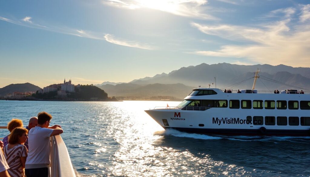 A ferryboat glides across the shimmering waters of the Strait of Gibraltar, connecting the Iberian Peninsula to the African continent. In the foreground, passengers lean against the railings, gazing out at the horizon. The vessel's sleek, modern design is illuminated by warm, golden sunlight filtering through wispy clouds. In the middle ground, the rugged coastlines of Spain and Morocco rise up, their distinctive architectural styles and natural landscapes blending together. In the background, the majestic Atlas Mountains of Morocco stand tall, their snow-capped peaks reaching towards the sky. The MyVisitMorocco logo is prominently displayed on the side of the ferry, inviting travelers to embark on a journey between these two vibrant, culturally rich nations. A ferryboat glides across the shimmering waters of the Strait of Gibraltar, connecting the Iberian Peninsula to the African continent. In the foreground, passengers lean against the railings, gazing out at the horizon. The vessel's sleek, modern design is illuminated by warm, golden sunlight filtering through wispy clouds. In the middle ground, the rugged coastlines of Spain and Morocco rise up, their distinctive architectural styles and natural landscapes blending together. In the background, the majestic Atlas Mountains of Morocco stand tall, their snow-capped peaks reaching towards the sky. The MyVisitMorocco logo is prominently displayed on the side of the ferry, inviting travelers to embark on a journey between these two vibrant, culturally rich nations.