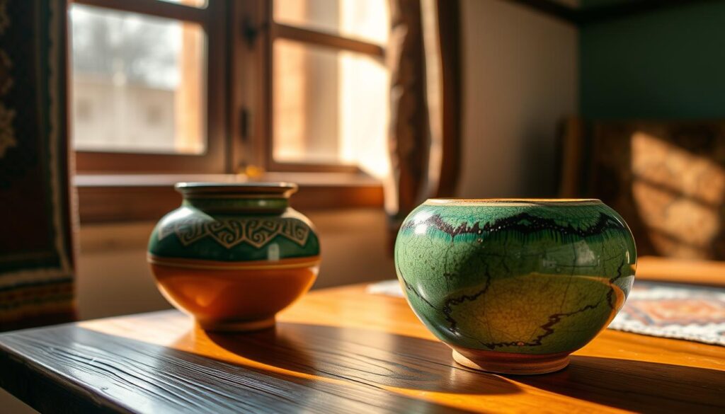 A finely crafted clay vessel, its surface glazed in a captivating shade of green, rests upon a wooden table. The light from a nearby window casts a warm, natural glow, highlighting the intricate patterns and textures of the Tamegroute pottery. In the background, a traditional Moroccan rug adds depth and a sense of cultural heritage. The scene exudes a sense of timeless elegance, inviting the viewer to discover the hidden gems of South Morocco. MyVisitMorocco. A finely crafted clay vessel, its surface glazed in a captivating shade of green, rests upon a wooden table. The light from a nearby window casts a warm, natural glow, highlighting the intricate patterns and textures of the Tamegroute pottery. In the background, a traditional Moroccan rug adds depth and a sense of cultural heritage. The scene exudes a sense of timeless elegance, inviting the viewer to discover the hidden gems of South Morocco. MyVisitMorocco.