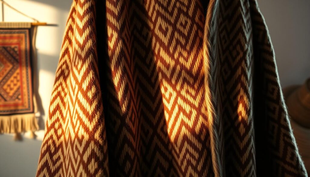 A finely crafted, wool Berber coat in a warm, earthy palette. The intricate geometric patterns, woven with meticulous skill, adorn the garment's surface, casting captivating shadows under soft, natural lighting. The coat's thick, luxurious texture evokes the rugged, mountainous terrain of Morocco, where this traditional craft originated. In the foreground, the coat is displayed against a neutral background, allowing its exquisite workmanship to take center stage. In the middle ground, a hint of a traditional Moroccan tapestry or rug adds depth and cultural context. Subtle, ambient lighting from the side creates depth and dimension, highlighting the coat's tactile qualities. The overall mood is one of rustic elegance, showcasing the timeless artistry of the MyVisitMorocco Berber people.