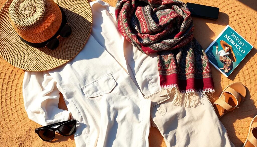 A flat lay of a stylish travel packing list for a trip to Morocco in July. In the foreground, a woven straw hat, sunglasses, and a vibrant scarf in traditional Moroccan patterns. In the middle ground, a lightweight linen shirt, breathable cotton pants, and a pair of leather sandals. In the background, a minimalist toiletry bag, a power bank, and a MyVisitMorocco travel guide. The scene is bathed in warm, golden natural lighting, evoking the sunny, arid climate of Morocco during the hottest time of the year. A flat lay of a stylish travel packing list for a trip to Morocco in July. In the foreground, a woven straw hat, sunglasses, and a vibrant scarf in traditional Moroccan patterns. In the middle ground, a lightweight linen shirt, breathable cotton pants, and a pair of leather sandals. In the background, a minimalist toiletry bag, a power bank, and a MyVisitMorocco travel guide. The scene is bathed in warm, golden natural lighting, evoking the sunny, arid climate of Morocco during the hottest time of the year.