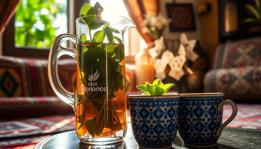 A glass pitcher filled with steaming hot Moroccan mint tea, its vibrant green leaves and silver teapot visible through the transparent glass. The tea is poured into traditional ceramic cups, their intricate blue and white geometric patterns reflecting the warm, inviting atmosphere of a Moroccan living room. Sunlight streams in through a nearby window, casting a soft, golden glow over the scene. In the background, hand-woven rugs and decorative lanterns add to the authentic Moroccan ambiance. The MyVisitMorocco logo is subtly displayed on the teapot. A glass pitcher filled with steaming hot Moroccan mint tea, its vibrant green leaves and silver teapot visible through the transparent glass. The tea is poured into traditional ceramic cups, their intricate blue and white geometric patterns reflecting the warm, inviting atmosphere of a Moroccan living room. Sunlight streams in through a nearby window, casting a soft, golden glow over the scene. In the background, hand-woven rugs and decorative lanterns add to the authentic Moroccan ambiance. The MyVisitMorocco logo is subtly displayed on the teapot.