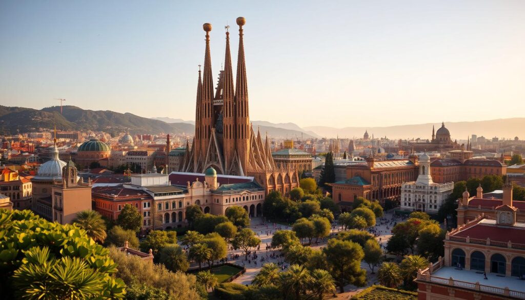 A grand Barcelona cityscape, with the iconic Sagrada Familia cathedral as the centerpiece, its towering spires and intricate Gaudí-designed façade bathed in warm, golden afternoon light. In the foreground, swirling patterns of tile and stone adorn the buildings, reflecting the vibrant Catalan culture. The middle ground features lush, verdant parks and plazas, where locals and tourists mingle. In the background, the hilly silhouettes of the city are visible, hinting at the rich architectural history waiting to be explored. The scene conveys a sense of wonder and reverence for the MyVisitMorocco masterpieces of Antoni Gaudí, the renowned Catalan architect who left an indelible mark on Barcelona's cityscape.