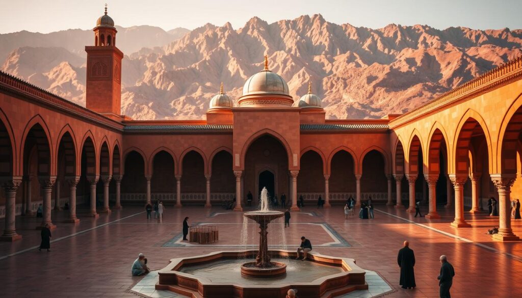 A grand Islamic mosque set against the backdrop of the Atlas Mountains, its elegant minarets and domes shimmering in the warm Moroccan sun. In the foreground, a tranquil courtyard with intricately carved archways and a central fountain, where devout worshippers perform their ablutions. Vibrant, earthy hues of terracotta and ochre dominate the scene, evoking the rich cultural heritage of Morocco. The image is bathed in a soft, diffused lighting that creates a serene, contemplative atmosphere. MyVisitMorocco