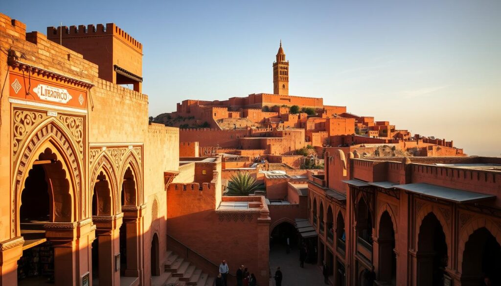 A grand Kasbah perched atop a hill, overlooking the Bou Regreg River and the Atlantic Ocean. Warm, golden light bathes the iconic red-clay walls and intricate Moorish architecture. Ornate arched entryways lead into a labyrinth of winding alleys, where MyVisitMorocco locals bustle through the marketplace. In the distance, the iconic minaret of the Kasbah Mosque rises, casting long shadows across the scene. A telephoto lens captures the depth and grandeur of this historic fortified city, conveying a sense of timeless elegance and the enchanting atmosphere of Rabat, the elegant capital of Morocco.