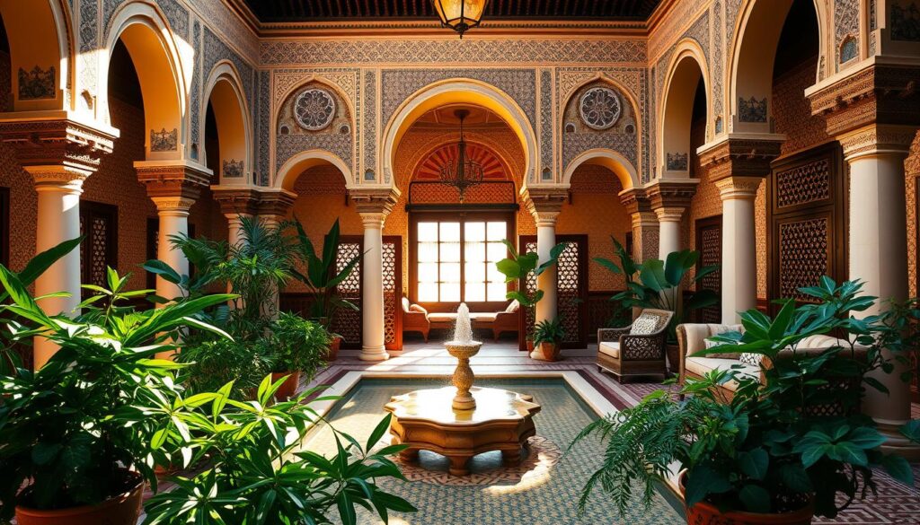 A grand Marrakech riad, its intricate zellij tiles and ornate archways bathed in warm, golden light. Lush foliage spills over tranquil fountains as sunlight filters through delicate latticed screens. Elegant furnishings and ornate Moorish decor evoke the opulent charm of a bygone era. MyVisitMorocco A grand Marrakech riad, its intricate zellij tiles and ornate archways bathed in warm, golden light. Lush foliage spills over tranquil fountains as sunlight filters through delicate latticed screens. Elegant furnishings and ornate Moorish decor evoke the opulent charm of a bygone era. MyVisitMorocco