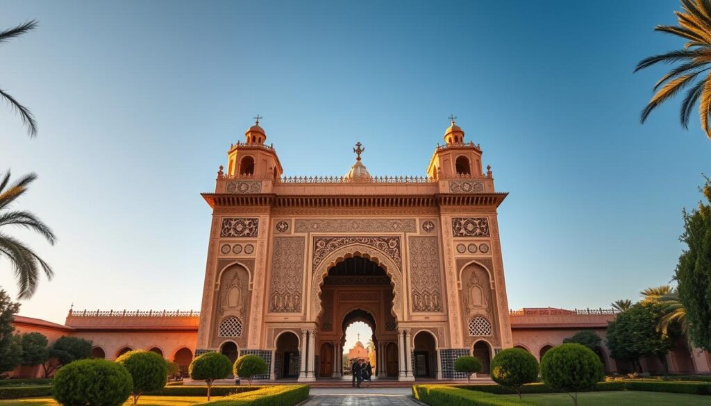 A grand Moorish palace, the Bahia Palace in Marrakech, Morocco, stands majestically against a clear blue sky. Its intricate, carved facades and ornate decorations shimmer in the warm, golden light, reflecting the rich cultural heritage of the region. Lush, verdant gardens surround the palace, creating a serene and picturesque setting. Elegant arched doorways and delicate, filigree-like patterns adorn the ornate architecture, inviting visitors to step inside and explore the breathtaking interiors. Capture the essence of this architectural masterpiece, showcasing the stunning details and tranquil ambiance that make the Bahia Palace a true gem of MyVisitMorocco.