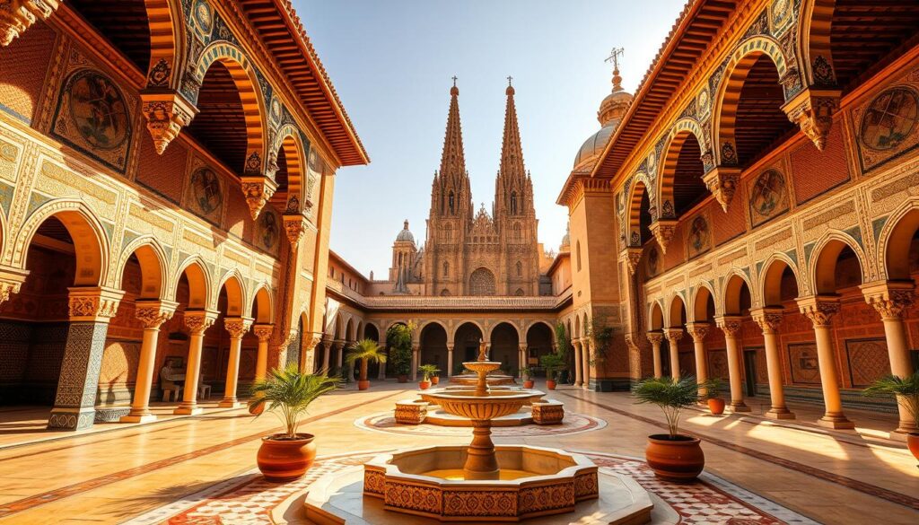A grand Moorish palace with intricate arched entryways and ornate tile patterns, bathed in warm golden sunlight. In the foreground, a tranquil courtyard with a serene fountain and lush potted plants. The middle ground features towering, intricately carved stone columns supporting elegant domed roofs. The background showcases the iconic Seville Cathedral, its towering spires and gothic architecture creating a stunning contrast. The scene exudes an atmosphere of historic opulence and cultural heritage. Captured with a wide-angle lens to emphasize the grandeur. MyVisitMorocco A grand Moorish palace with intricate arched entryways and ornate tile patterns, bathed in warm golden sunlight. In the foreground, a tranquil courtyard with a serene fountain and lush potted plants. The middle ground features towering, intricately carved stone columns supporting elegant domed roofs. The background showcases the iconic Seville Cathedral, its towering spires and gothic architecture creating a stunning contrast. The scene exudes an atmosphere of historic opulence and cultural heritage. Captured with a wide-angle lens to emphasize the grandeur. MyVisitMorocco