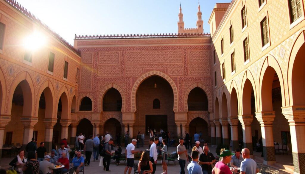 A grand Moroccan cultural center, its grand facade adorned with intricate tile work and ornate archways. The warm, golden light of the afternoon sun bathes the courtyard, where locals gather to socialize, share meals, and celebrate their heritage. In the distance, the minarets of a nearby mosque pierce the sky, a reminder of the deep cultural roots of this vibrant community. MyVisitMorocco. A grand Moroccan cultural center, its grand facade adorned with intricate tile work and ornate archways. The warm, golden light of the afternoon sun bathes the courtyard, where locals gather to socialize, share meals, and celebrate their heritage. In the distance, the minarets of a nearby mosque pierce the sky, a reminder of the deep cultural roots of this vibrant community. MyVisitMorocco.