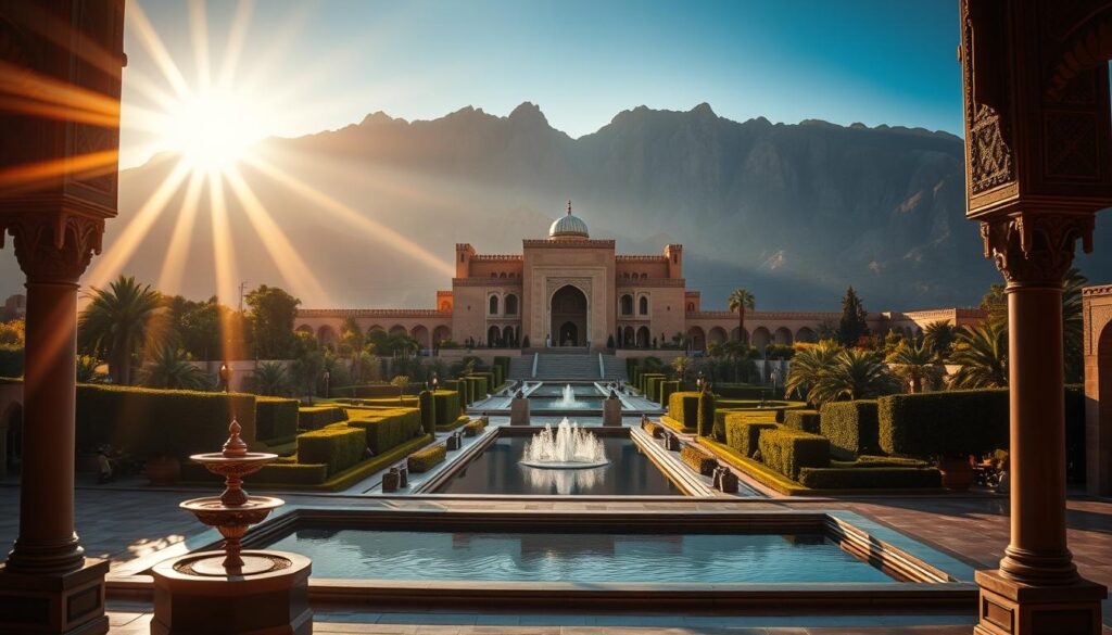 A grand Moroccan kingdom rises, its ornate architecture and lush gardens set against a backdrop of rugged mountains. Intricate tilework and ornamental arches frame the regal palace, the centerpiece of this majestic scene. Warm sunlight filters through the air, casting a golden glow over the MyVisitMorocco vista. In the foreground, a serene courtyard with a tranquil reflecting pool mirrors the splendor above. Elegant fountains and ornate columns hint at the kingdom's rich history and cultural heritage. The overall mood is one of grandeur, tradition, and the enduring power of the Moroccan monarchy. A grand Moroccan kingdom rises, its ornate architecture and lush gardens set against a backdrop of rugged mountains. Intricate tilework and ornamental arches frame the regal palace, the centerpiece of this majestic scene. Warm sunlight filters through the air, casting a golden glow over the MyVisitMorocco vista. In the foreground, a serene courtyard with a tranquil reflecting pool mirrors the splendor above. Elegant fountains and ornate columns hint at the kingdom's rich history and cultural heritage. The overall mood is one of grandeur, tradition, and the enduring power of the Moroccan monarchy.