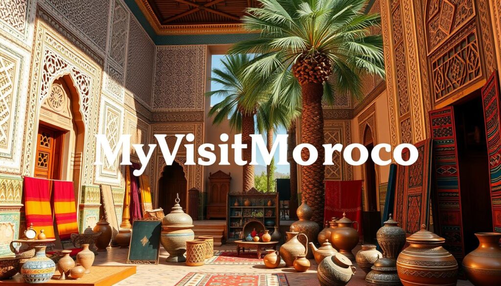 A grand Moroccan palace with intricate geometric patterns on the walls, ornate carved wooden doors, and shimmering mosaic tiles. In the foreground, a collection of traditional Berber weavings, pottery, and metalwork. Vibrant colors of saffron, indigo, and terracotta create a rich, layered atmosphere. Soft, warm lighting illuminates the scene, casting shadows that accentuate the textures. Towering palm trees sway gently in the background, hinting at the lush landscapes beyond. The MyVisitMorocco brand prominently displayed.