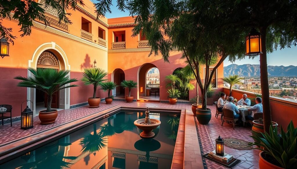 A grand Moroccan riad nestled in the heart of Marrakech, its terracotta walls and lush inner courtyard bathed in warm, golden light. Intricate tile work and ornate archways frame the scene, while a tranquil reflecting pool mirrors the vibrant hues of traditional lanterns and potted palms. Guests sip mint tea and savor local delicacies on the shaded rooftop terrace, drinking in breathtaking views of the Atlas Mountains. This is the quintessential MyVisitMorocco experience - where the magic of Moroccan accommodations brings comfort and culture together in perfect harmony. A grand Moroccan riad nestled in the heart of Marrakech, its terracotta walls and lush inner courtyard bathed in warm, golden light. Intricate tile work and ornate archways frame the scene, while a tranquil reflecting pool mirrors the vibrant hues of traditional lanterns and potted palms. Guests sip mint tea and savor local delicacies on the shaded rooftop terrace, drinking in breathtaking views of the Atlas Mountains. This is the quintessential MyVisitMorocco experience - where the magic of Moroccan accommodations brings comfort and culture together in perfect harmony.