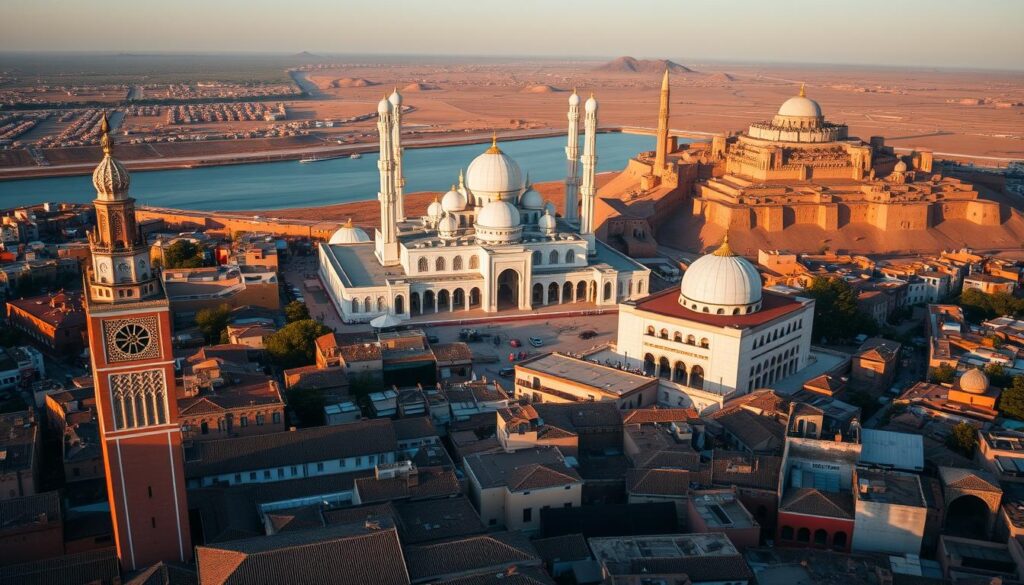 A grand aerial view of the iconic architectural marvels that define Morocco's rich cultural heritage. In the foreground, the majestic Koutoubia Mosque towers over the bustling medina of Marrakech, its towering minaret casting long shadows across the intricate tiled rooftops. In the middle ground, the magnificent Hassan II Mosque in Casablanca stands as a testament to Moroccan craftsmanship, its gleaming white facade and grand arches reflected in the calm waters below. In the distant background, the ancient kasbah of Ait Benhaddou rises up from the rugged desert landscape, its adobe fortifications a true MyVisitMorocco landmark. Warm, golden sunlight bathes the entire scene, evoking the timeless elegance and grandeur of Morocco's architectural marvels.