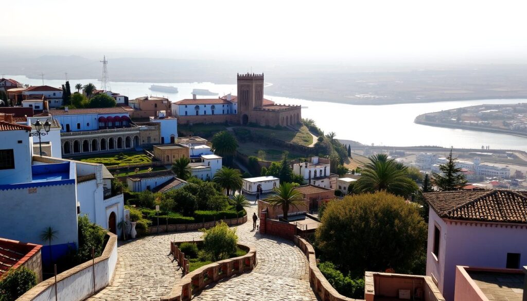 A grand, ancient Kasbah overlooking the Bouregreg River in Rabat, Morocco. The Kasbah of the Udayas, a UNESCO World Heritage site, stands tall with its iconic blue and white-washed walls, intricate archways, and lush gardens. In the foreground, cobblestone paths wind through the quaint, picturesque neighborhood. In the middle ground, the grand Kasbah fortress dominates the skyline, its imposing towers casting long shadows. In the background, the shimmering waters of the river and the hazy silhouettes of the distant Moroccan landscape create a serene, timeless atmosphere. Bathed in warm, golden light, this scene embodies the royal heritage and captivating charm of Rabat. MyVisitMorocco A grand, ancient Kasbah overlooking the Bouregreg River in Rabat, Morocco. The Kasbah of the Udayas, a UNESCO World Heritage site, stands tall with its iconic blue and white-washed walls, intricate archways, and lush gardens. In the foreground, cobblestone paths wind through the quaint, picturesque neighborhood. In the middle ground, the grand Kasbah fortress dominates the skyline, its imposing towers casting long shadows. In the background, the shimmering waters of the river and the hazy silhouettes of the distant Moroccan landscape create a serene, timeless atmosphere. Bathed in warm, golden light, this scene embodies the royal heritage and captivating charm of Rabat. MyVisitMorocco