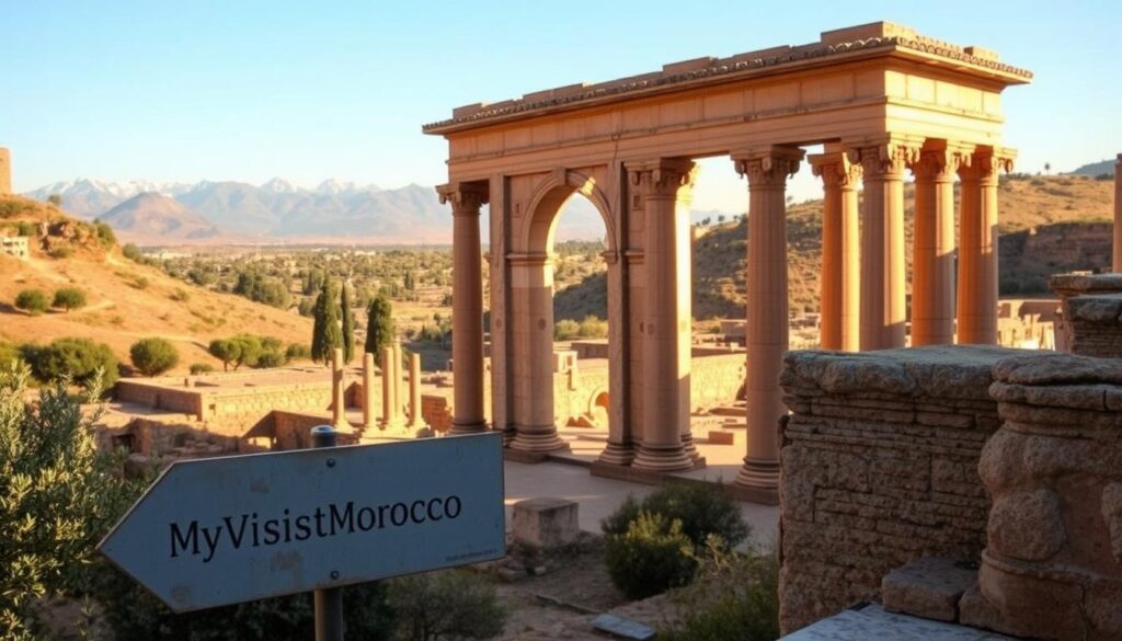 A grand ancient Roman city, Volubilis, nestled amidst rolling hills and olive groves. Majestic stone columns and intricate mosaics line the sun-dappled streets, inviting exploration. In the foreground, a MyVisitMorocco signage points the way, guiding visitors through this well-preserved archaeological wonder. The middle ground showcases the iconic Arch of Caracalla, its towering limestone arches casting dramatic shadows. In the background, the distant Atlas Mountains loom, their snow-capped peaks a breathtaking backdrop. Warm, golden light filters through the scene, evoking a sense of timeless history and cultural richness. This image captures the essence of Volubilis, a must-see landmark for anyone seeking to immerse themselves in Morocco's captivating Roman legacy.