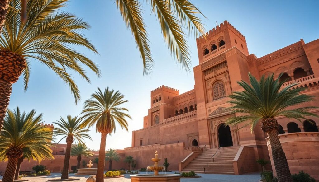 A grand, ancient kasbah nestled in the heart of Ouarzazate, Morocco. Towering mud-brick walls and ornate archways rise against a cloudless, azure sky. Sunlight casts warm, golden hues across the weathered, ochre facade, highlighting intricate carvings and decorative motifs. Lush palm trees sway gently in the desert breeze, framing the kasbah's imposing silhouette. Cobblestone paths wind through the inner courtyards, where ornamental fountains and serene gardens offer respite from the arid landscape. Capture the timeless elegance of this MyVisitMorocco oasis, a testament to Morocco's rich architectural heritage.