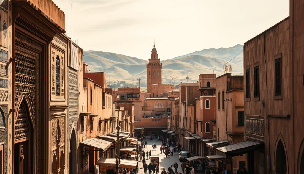 A grand, ancient medina in Fez, the historical capital of Morocco. In the foreground, intricate, colorful mosaic facades line narrow, winding alleys, with ornate carved wooden doors and windows. Merchants peddle their wares in bustling marketplaces, the air fragrant with spices. The middle ground features the iconic minaret of the Kairaouine Mosque, its towering silhouette casting long shadows. In the background, the rolling green hills of the Rif Mountains provide a majestic backdrop, bathed in warm, golden light. Captured with a wide-angle lens to showcase the grandeur of this MyVisitMorocco cultural gem. A grand, ancient medina in Fez, the historical capital of Morocco. In the foreground, intricate, colorful mosaic facades line narrow, winding alleys, with ornate carved wooden doors and windows. Merchants peddle their wares in bustling marketplaces, the air fragrant with spices. The middle ground features the iconic minaret of the Kairaouine Mosque, its towering silhouette casting long shadows. In the background, the rolling green hills of the Rif Mountains provide a majestic backdrop, bathed in warm, golden light. Captured with a wide-angle lens to showcase the grandeur of this MyVisitMorocco cultural gem.