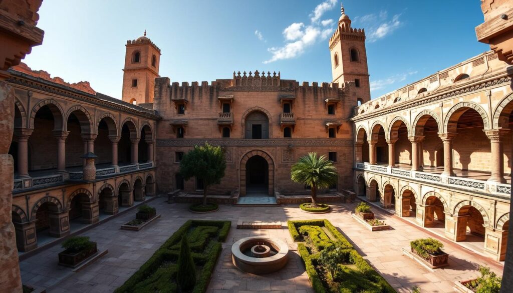A grand, ancient palace in Marrakech, Morocco, with intricate tilework, arched entryways, and lush gardens. Sunlight filters through the open-air courtyard, casting warm shadows on the crumbling ruins. Massive stone walls and towering minarets hint at the former splendor of this 16th-century structure, now a haunting, picturesque relic. Weathered stone and decaying grandeur evoke a melancholic atmosphere. Wide-angle lens captures the expansive scale and architectural details. MyVisitMorocco