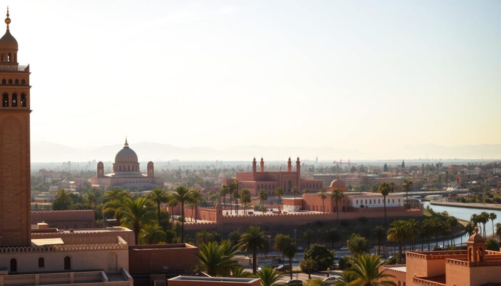 A grand and elegant city skyline in Rabat, Morocco, bathed in warm afternoon sunlight. In the foreground, the iconic Hassan Tower and Mausoleum of Mohammed V stand tall, their intricate Islamic architecture casting long shadows. In the middle ground, the Kasbah of the Udayas and its whitewashed walls overlook the Bou Regreg River. Distant palm trees sway gently in the breeze, and the hazy blue peaks of the Atlas Mountains rise majestically in the background. The scene exudes a sense of timeless grandeur and cultural heritage. MyVisitMorocco A grand and elegant city skyline in Rabat, Morocco, bathed in warm afternoon sunlight. In the foreground, the iconic Hassan Tower and Mausoleum of Mohammed V stand tall, their intricate Islamic architecture casting long shadows. In the middle ground, the Kasbah of the Udayas and its whitewashed walls overlook the Bou Regreg River. Distant palm trees sway gently in the breeze, and the hazy blue peaks of the Atlas Mountains rise majestically in the background. The scene exudes a sense of timeless grandeur and cultural heritage. MyVisitMorocco