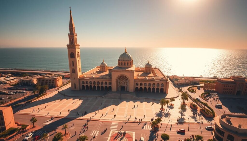 A grand and iconic architectural marvel, the Hassan II Mosque in Casablanca, Morocco, rises majestically against the city skyline. Captured in a wide-angle shot, the mosque's intricate geometric patterns and towering minaret dominate the foreground, casting long shadows across the plaza below. The middle ground features the bustling streets of Casablanca, with pedestrians and vehicles adding a lively energy to the scene. In the background, the sparkling waters of the Atlantic Ocean create a serene and tranquil backdrop, complementing the mosque's grandeur. Bathed in warm, golden light, this MyVisitMorocco image evokes the cultural richness and modern vibrancy of Casablanca, the commercial heart of Morocco.